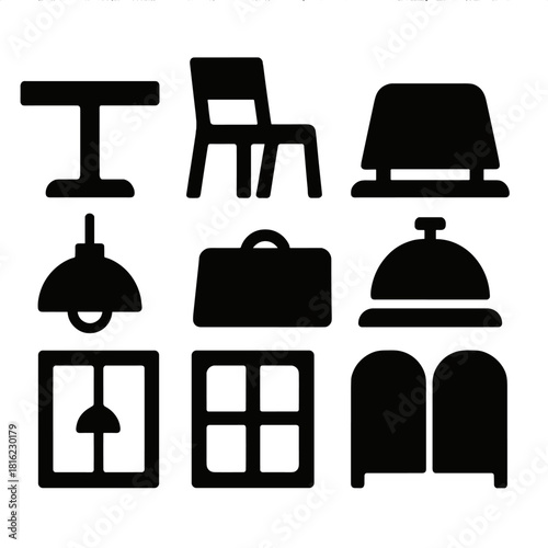 Brutalist Restaurant Icons. Restaurant environment silhouette icon set: table, chair, reservation sign, open sign, counter bell, hanging lamp, window frame, divider panel