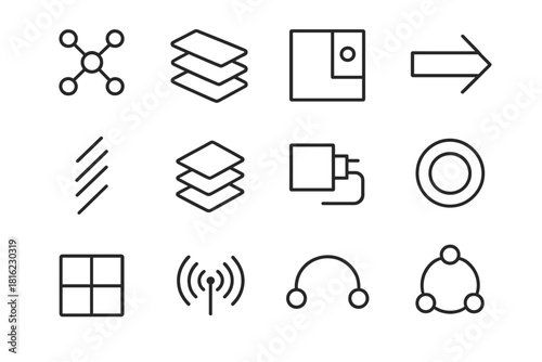 Architectural Icon Suite. Modern Product Architecture Collection linear icon set: distributed node, functional slice, domain-driven block, pipeline arrow, architecture spine