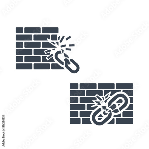 Visual metaphor of a powerful chain link breaking through a robust brick wall, illustrating concepts of vulnerability, security breach, and overcoming obstacles