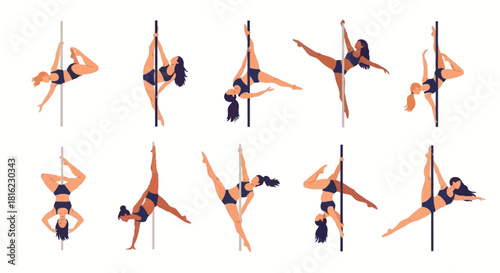 Diverse women elegantly perform various athletic poses on vertical poles in an artistic illustration