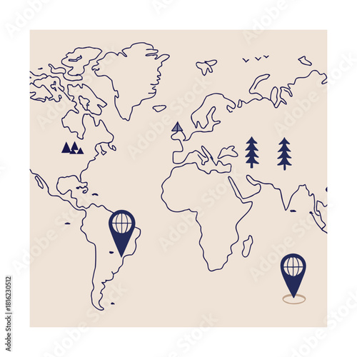 World map with location pins and trees isolated on a simple illustration of travel, adventure, and exploration around the globe