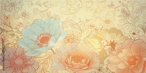 Vintage floral vector pattern with pink roses and leaves in grunge style for a seamless summer wallpaper design