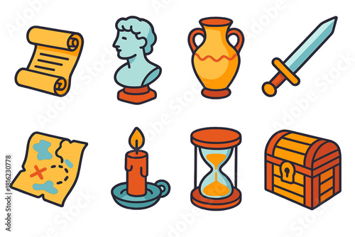 Historic Icon Collection. Historical Treasures flat icon set: scroll, bust statue, pottery, sword, map, candle, hourglass, chest