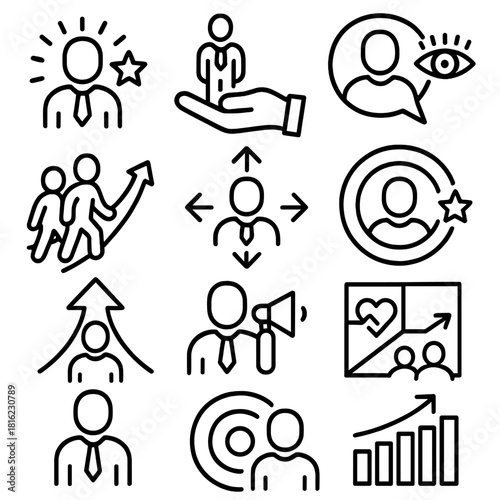 Leadership Impact Icons. Leadership Impact Icons linear icon set: influence spark, guiding hand, shared vision bubble, mentorship path, decision circle, motivation ripple