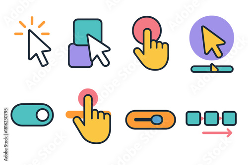 Modern UI Icon Set. Interaction Design flat icon set: cursor click, drag and drop, button press, hover effect, toggle switch, gesture icon, slider bar, animation flow