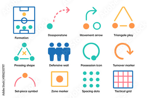 Colorful Soccer Strategy Icons. Soccer Strategy Symbols flat icon set: formation diagram, dotted pass line, movement arrow, triangle play, pressing shape, defensive wall