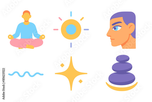 Mental Focus Icons. Mental Focus Elements flat icon set: meditation pose, clarity point, soft glow ring, concentrated gaze, balanced stones, steady breath line, inner spark, quiet