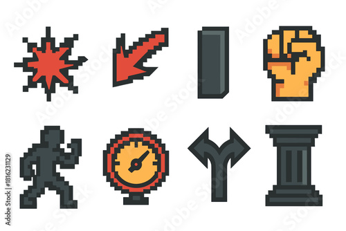 Opposition Icon Set. Forceful Opposition Symbols pixel style icon set: impact burst, counter arrow, rigid block, clenched fist, defensive stance, pressure gauge, split path, firm