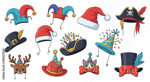 Vibrant Collection of Playful Party and Festive Hats for Celebrations; Diverse Headwear for Holidays and Costume Events