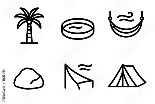 Oasis Icon Set. Oasis Retreat linear icon set: palm tree, water pool, hammock, rock, breeze lines, tent shade