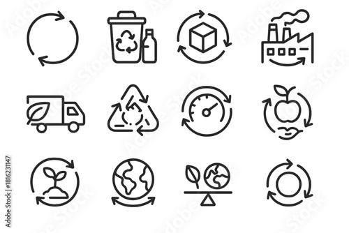 Sustainable Packaging Icons. Circular Economy in Packaging linear icon set: circular arrow loop, waste to product symbol, lifecycle chart, production factory, green supply chain