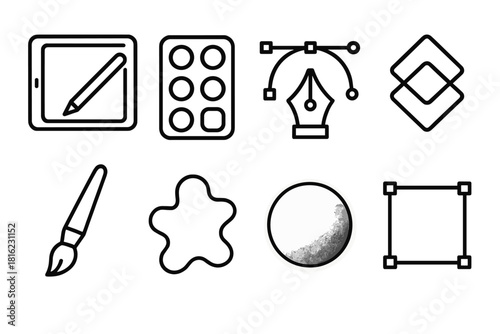 Digital Art Tools. Modern Illustration linear icon set: tablet stylus, color palette, vector curve, layered shapes, brush tool, abstract form, gradient sphere, artboard