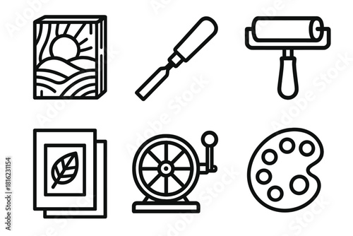 Traditional Art Icons. Traditional Techniques linear icon set: woodblock, chisel, brayer, press wheel, stencil, palette