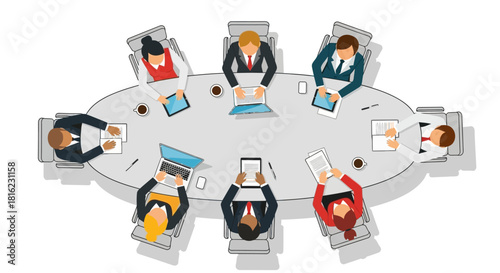 Overhead view of a dynamic business meeting, professionals collaborating around an oval conference table, fostering teamwork and strategic discussion