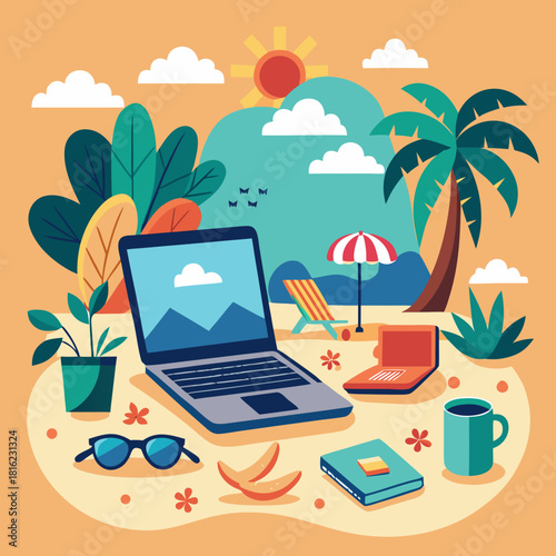  digital nomad lifestyle – laptop on beach, remote work, flat design
