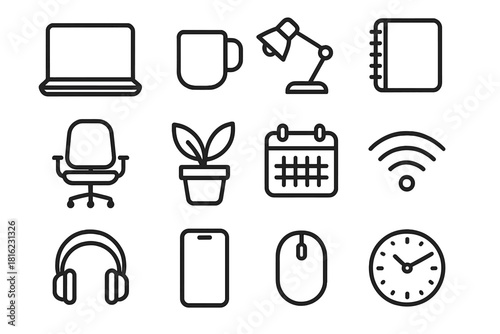 Remote Work Essentials. Remote Work Lifestyle linear icon set. laptop, coffee mug, desk lamp, notebook, chair, plant pot, calendar, Wi-Fi icon, headphones, smartphone, mouse, clock