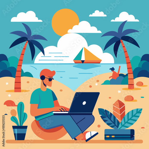  digital nomad lifestyle – laptop on beach, remote work, flat design
