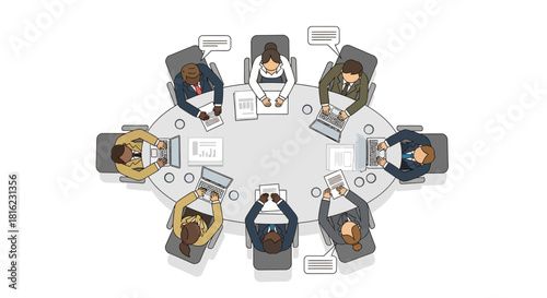 Business meeting illustration diverse team around a table, collaboration and discussion