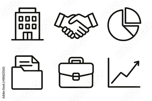 Corporate Outline Icons. Corporate diplomacy linear icon set. building, handshake, pie graph, document folder, briefcase, chart line.