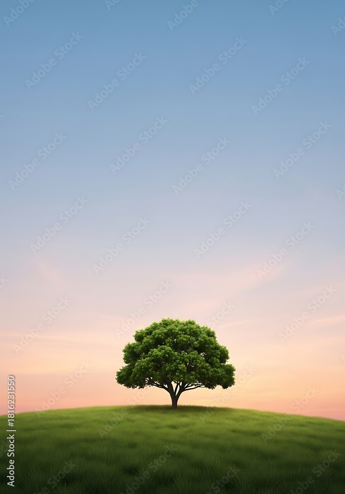 Fototapeta premium Solitary tree on green hill illuminated by the serene dawn sky