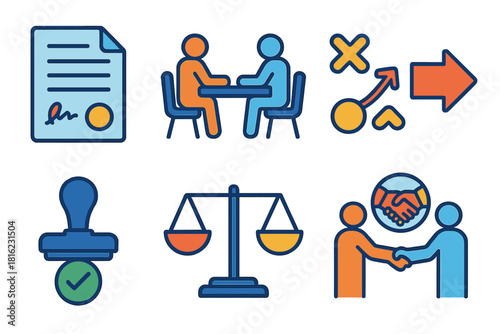 Business Negotiation Icons. Business Negotiation flat icon set: contract sheet, meeting table, strategy nodes, deal arrow, approval stamp, balanced chart, partnership icon