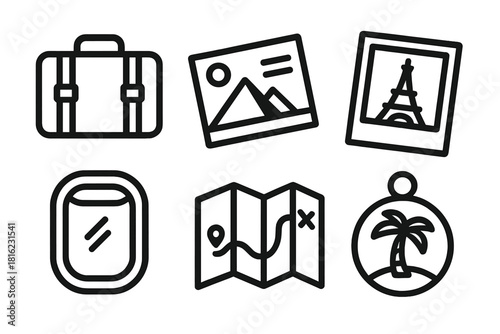 Travel Icon Set. Travel Memories linear icon set. suitcase, postcard, landmark photo, airplane window, travel map, souvenir charm.