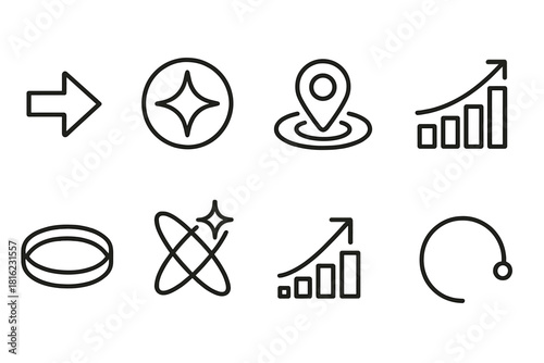 Futuristic Vision Icons. Future Leap linear icon set: forward arrow, time horizon, vision star, next-step marker, evolution bar, futuristic ring, transformation spark, progress arc
