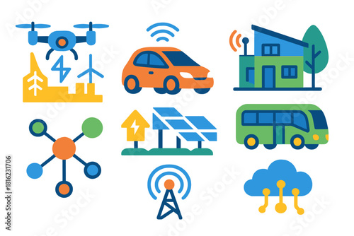 Futuristic Urban Innovations. Future City Innovations flat icon set: drone view, self-driving vehicle, renewable energy grid, smart housing, green transport, network map, signal