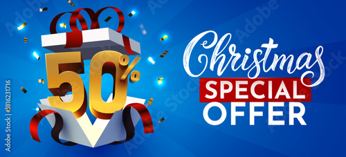 Christmas Special Offer banner with 50 discount from a gift box. Festive holiday promotion design. Vector illustration
