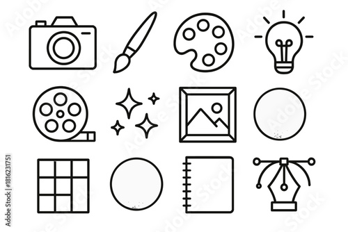 Artistic Tools Icons. Creative Observation linear icon set: camera, paintbrush, color palette, idea bulb, sparkles, film reel, abstract shapes, art frame, design grid, gradient
