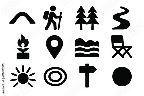 Bold Outdoor Icons. Outdoor Recreation Culture Symbols silhouette icon set: mountain arc, hiking figure, forest outline, river path, camp stove, map pin, ridge sweep, outdoor chair