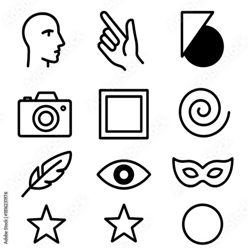 Outline Icon Compilation. Contrast & Form linear icon set. face, hand, light beam, shadow, camera, frame, swirl, mask, feather, eye, star, circle