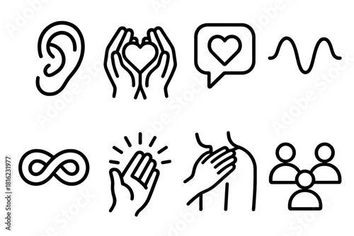 Empathic Leadership Symbols. Empathic Leadership linear icon set: listening ear, empathy hands, heart bubble, harmony wave, trust knot, warm glow, supportive gesture, connection