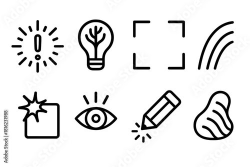 Creative Insight Icons. Creative Insight Icons linear icon set: inspiration burst, branching idea, open frame, dynamic curve, highlight ray, vision arc, sketch spark, evolving form