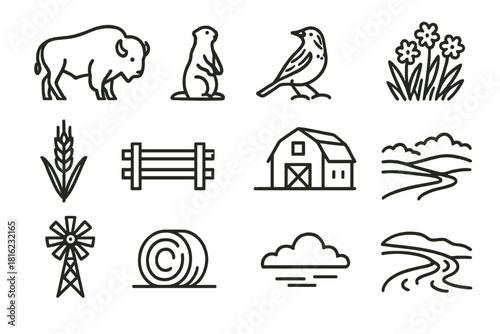 Prairie Icons Collection. Prairie Life linear icon set: bison, prairie dog, meadowlark, wildflower patch, wheat stalk, wooden fence, barn, open plain, windmill, hay bale, cloud
