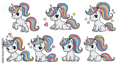 Adorable kawaii baby unicorn character set with rainbow hair in different poses, cute magical pony vector illustration
