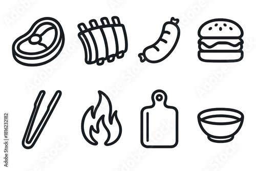 BBQ Icon Line Art. Meat lover’s BBQ concept linear icon set: steak, ribs, sausage, burger, tongs, fire, cutting board, sauce bowl , strong culinary line art with smooth edges