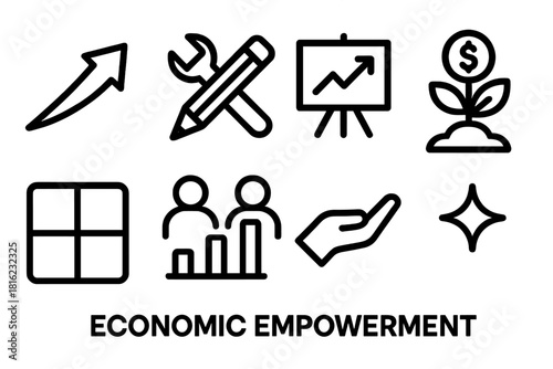 Economic Growth Icons. Economic Empowerment linear icon set: uplift arrow, skills icon, training board, financial seedling, opportunity grid, shared progress bar, empowerment hand
