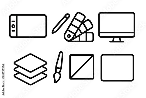 Digital Art Tools. Digital Illustration linear icon set. tablet, stylus pen, color palette, monitor, layers icon, brush, gradient, canvas