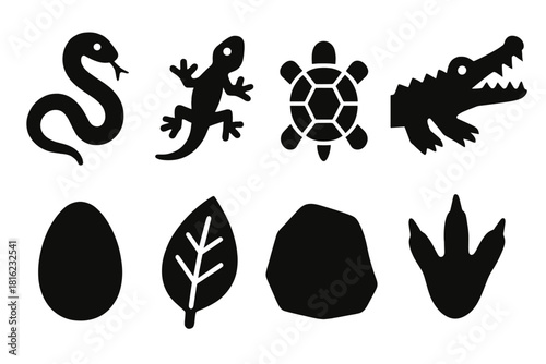 Bold Reptile Icons. Reptiles Essentials silhouette icon set: snake, lizard, turtle, crocodile, egg, leaf, rock, footprint