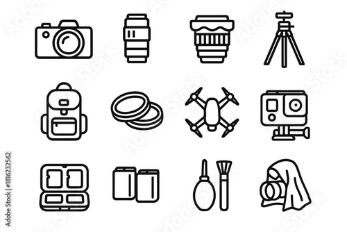 Photography Gear Icons. Adventure Photo Gear linear icon set: mirrorless camera, telephoto lens, wide angle lens, tripod, camera backpack, lens filters, drone, action camera