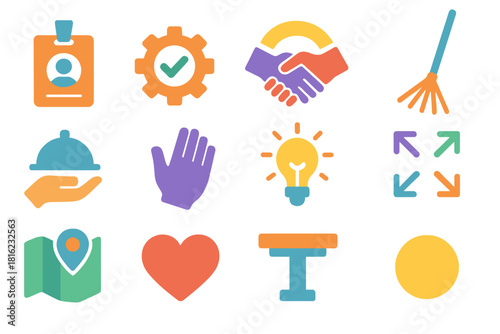 Volunteer Icon Set. Labor Day Community Service Roles Set flat icon set: volunteer badge, task gear, shared help icon, leaf rake, food service tray, assistance hand, community