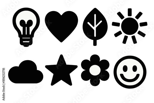 Brutalist Optimism Icons. Optimism Icons silhouette icon set: light bulb, heart, leaf, sun, cloud, star, flower, smile