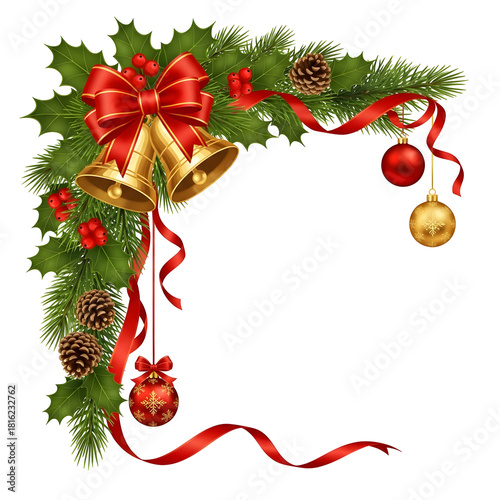 A festive Christmas corner decoration with a red bow, golden bells, holly, pinecones, and hanging ornaments.