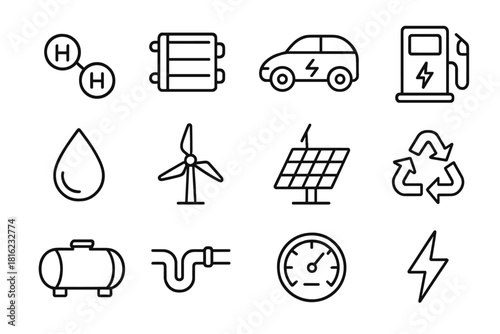 Hydrogen Energy Icons. Clean Energy Hydrogen linear icon set: H2 molecule, fuel cell stack, eco car, charging station, water drop, turbine, solar panel, recycling arrow, tank