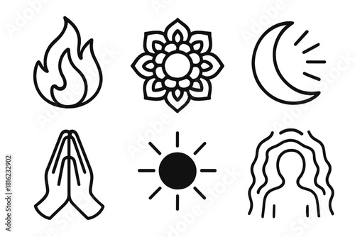 Spiritual Icons Radiance. Spiritual Radiance linear icon set. flame, mandala, crescent moon, prayer hands, glow circle, aura wave
