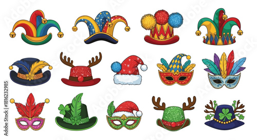 Colorful collection of festive carnival hats and masks, perfect for celebration and party costumes