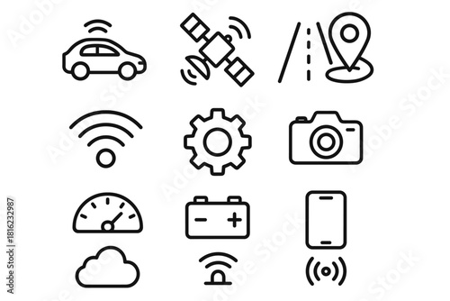 Smart Mobility Icons. Smart Mobility linear icon set. self-driving car, satellite, map pin, road, wifi symbol, gear, camera, dashboard, battery, smartphone, cloud, sensor
