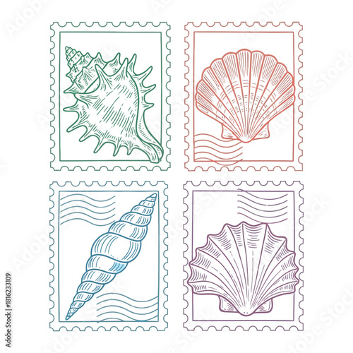 Collection of hand drawn marine mollusk shells on decorative postage stamps for ocean themed design elements