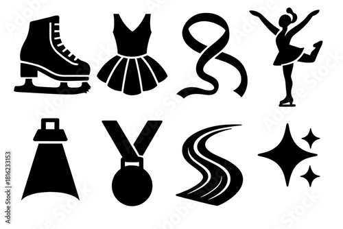 Bold Skating Icons. Figure Skating Elegance silhouette icon set. skating boots, tutu dress, ribbon, graceful pose, spotlight, medal, ice trail, star sparkle